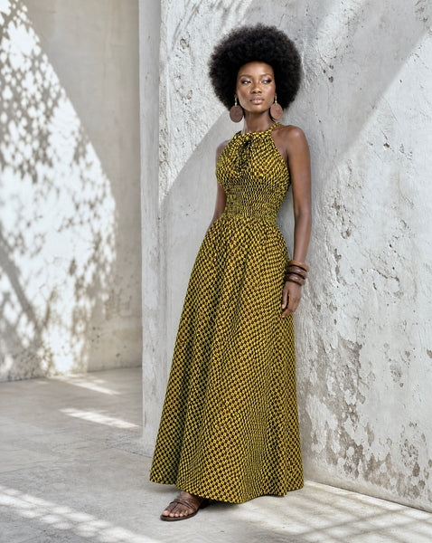 Ameena halter neck maxi dress in a geometric print.