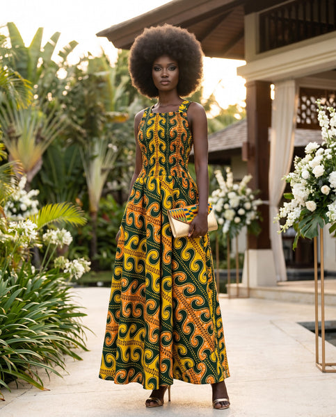 Adina smocked fit and flare maxi dress.