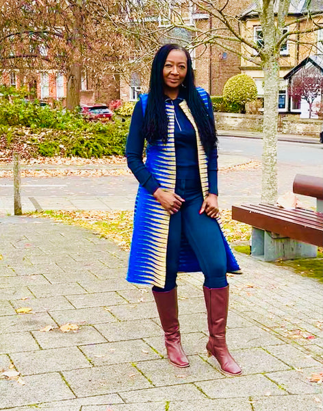 Nura longline waistcoat in A geometric African print.