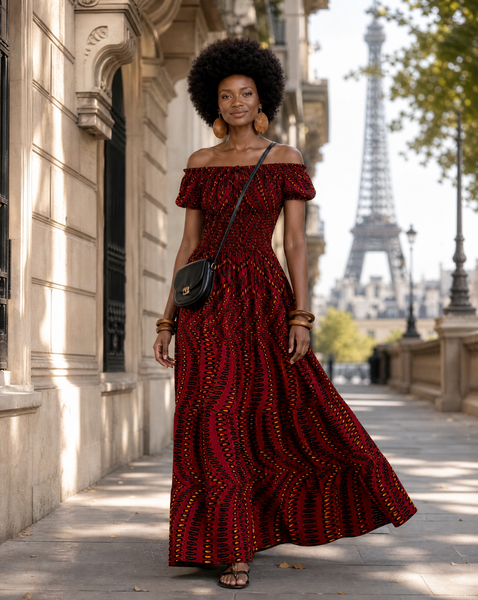 Afro Bohemian peasant inspired African print maxi dress.