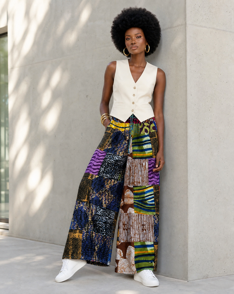 New. Ndini Wide leg one of a kind patchwork African print trousers