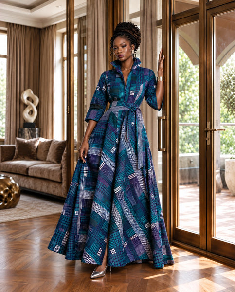 Tahama belted maxi shirt dress in a geometric print.