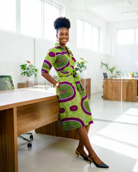 Nona collared shirt dress in a bold contemporary African print.