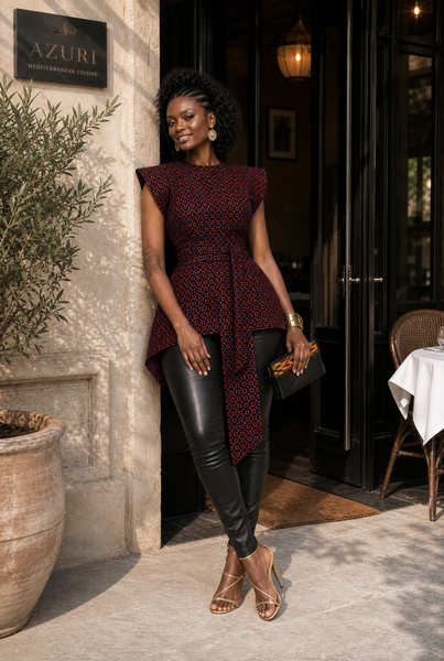 Zena Handkerchief hem peplum top in a vibrant contemporary geometric African print.