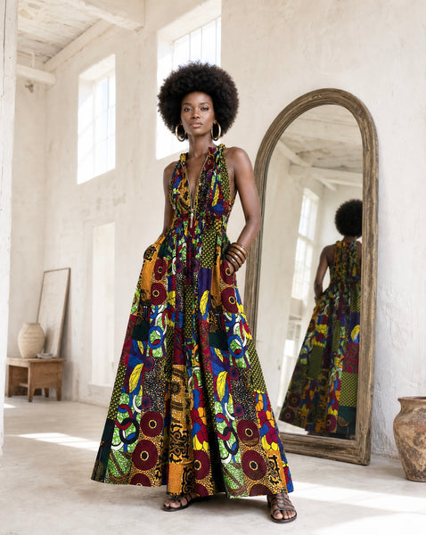 Lola African print summer sleeveless maxi dress in a vibrant mixed patchwork print.