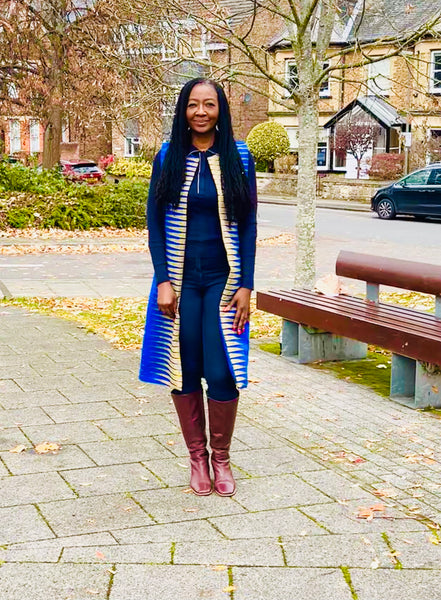 Nura longline waistcoat in A geometric African print.