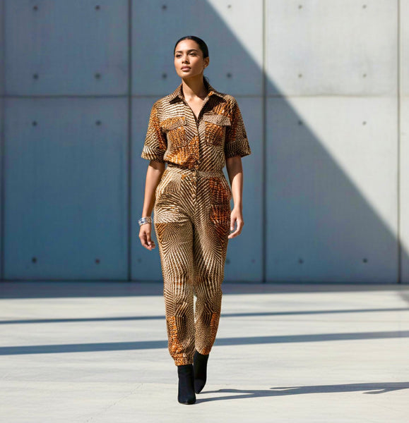 Razi jumpsuit in a geometric contemporary African print.