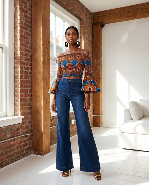 African print statement bell sleeves top in a vintage print.