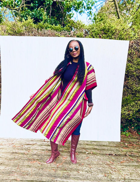 Yelawa handwoven unisex kimono in multicoloured stripes.