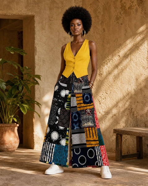 New. Ndini Wide leg one of a kind patchwork African print trousers.