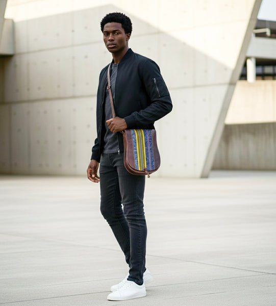 Authentic Ghanaian Leather bag with handwoven fugu fabric