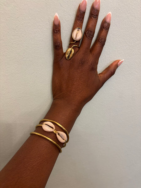 Anya brass and cowrie bracelet and ring set.