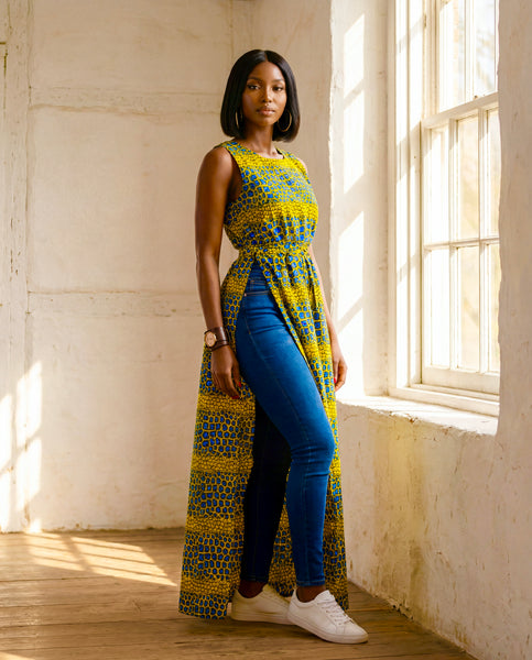 AFIA long top in a yellow African print.