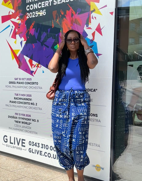 Harem pants in a geometric blue and white African print.