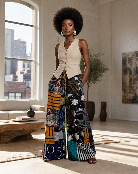 New. Ndini Wide leg one of a kind patchwork African print trousers.