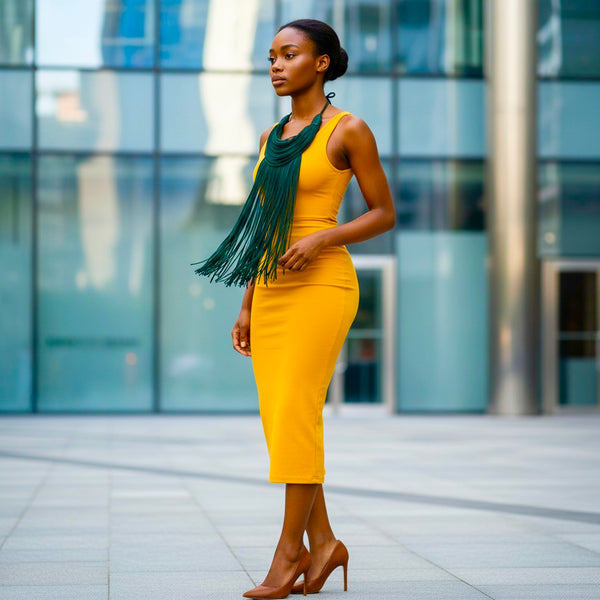 Dark green statement leather necklace.