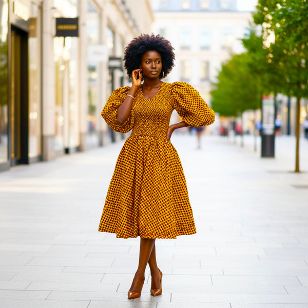NAANI balloon sleeve dress in brown.