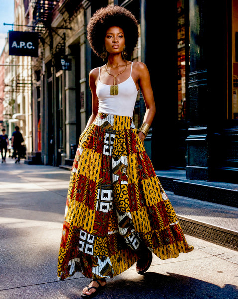 African print patchwork statement maxi skirt.