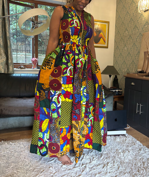 Lola African print summer sleeveless smocked maxi dress in a vibrant mixed patchwork print.