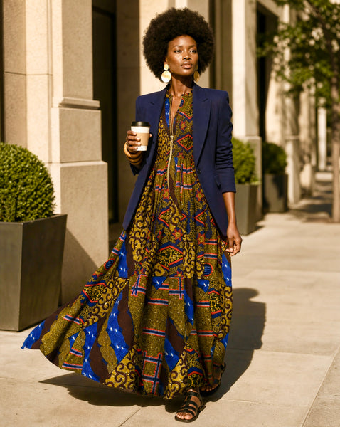 Lola African print patchwork summer sleeveless maxi dress in earthy hues.