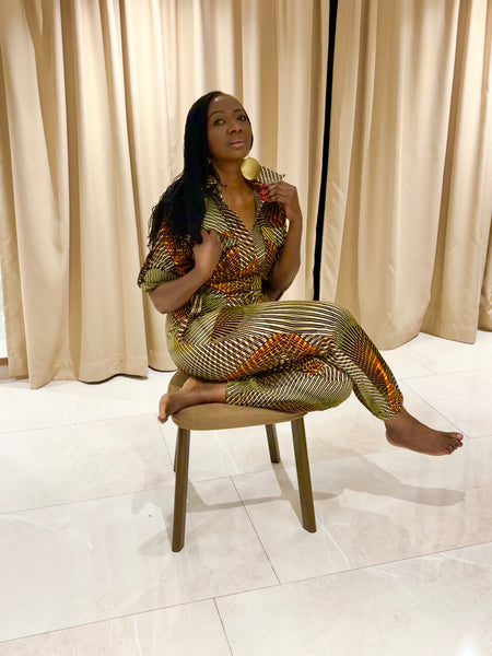 Razi jumpsuit in a geometric contemporary African print.