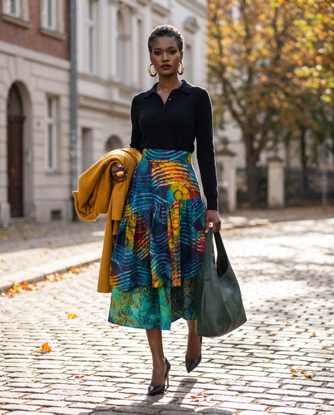 Azichi tiered skirt in a hand dyed fabric in a multicoloured palette.