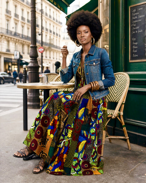 Lola African print summer sleeveless maxi dress in a vibrant mixed patchwork print.