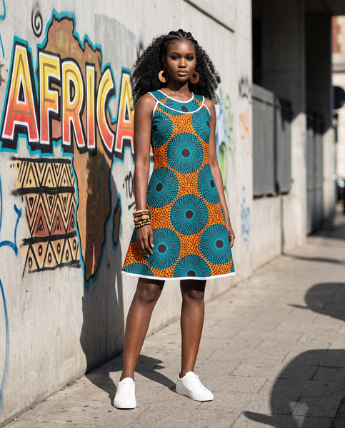 A line shift dress in a bold geometric vintage African print .