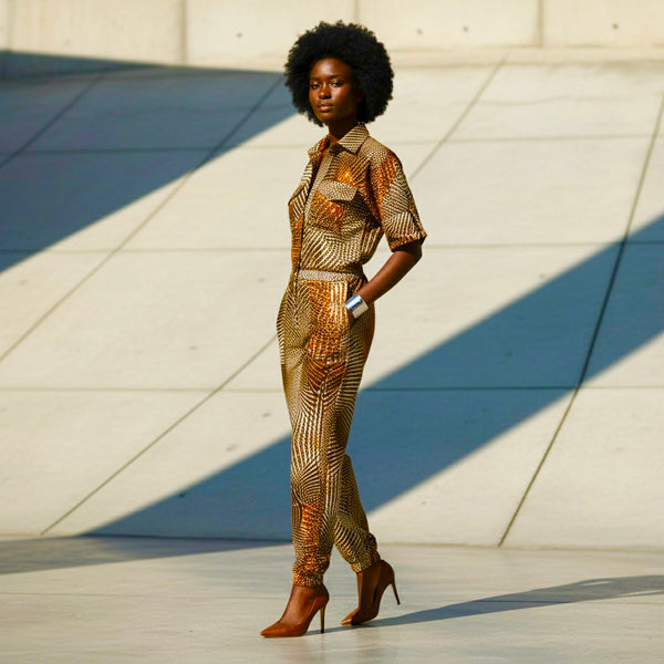 Razi jumpsuit in a geometric contemporary African print.