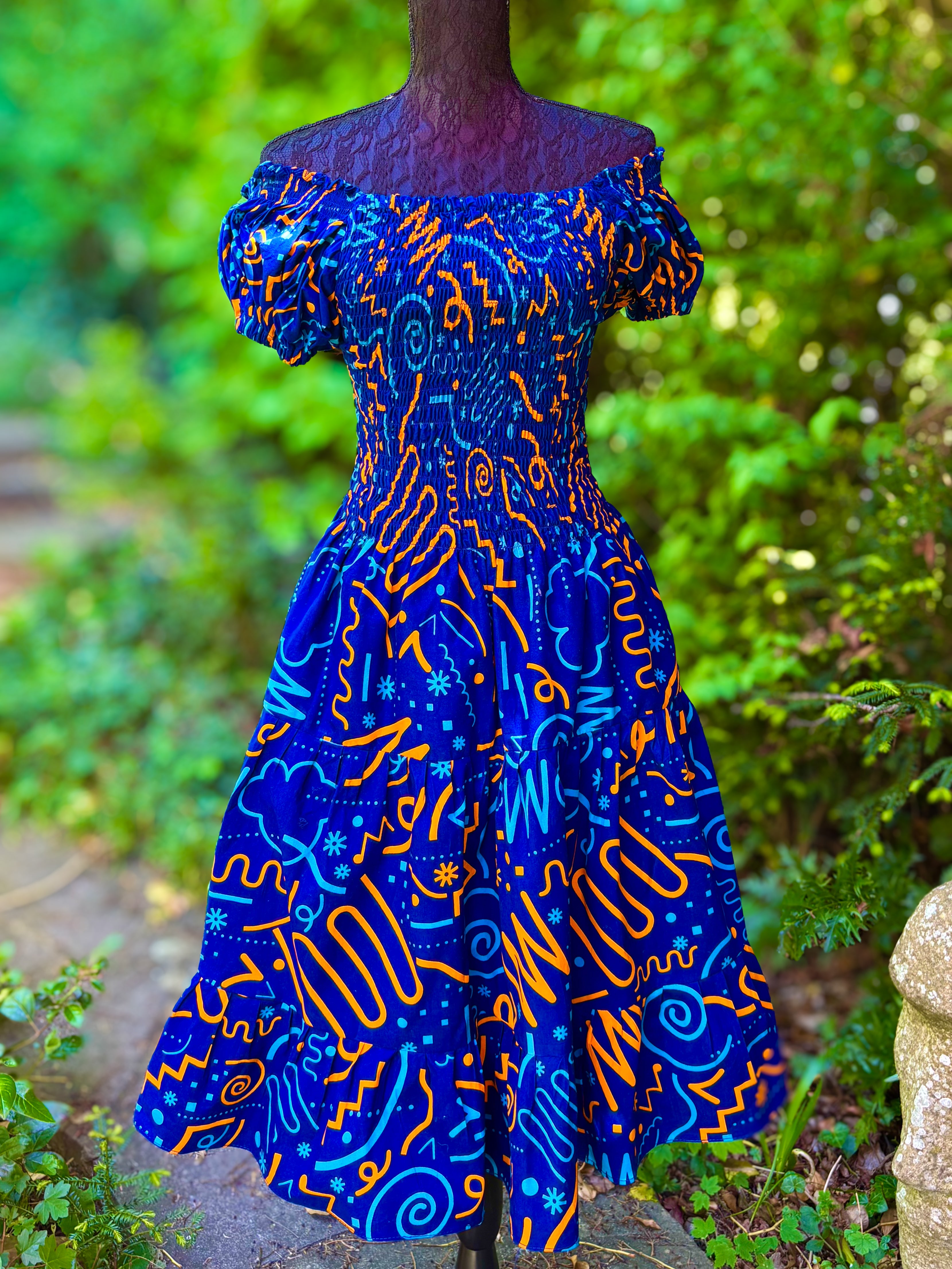 Smocked Ankara dress in blue.