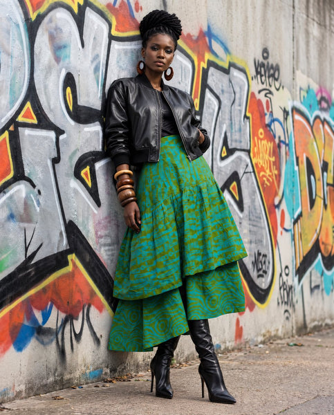 Azichi tiered skirt in green in a hand dyed fabric.