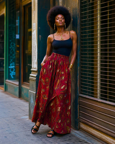 African print maxi skirt in red with botanical motifs.