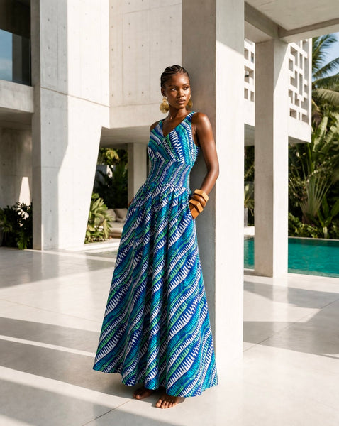 Wuni sleeveless maxi dress in a contemporary African print.