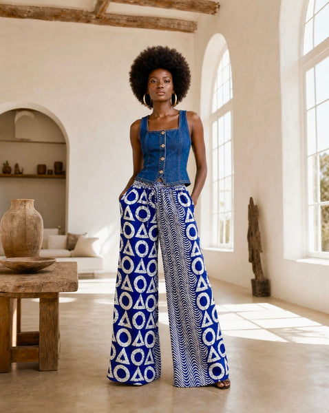 New. Ndini Wide leg one of a kind geometric blue and white African print pants.
