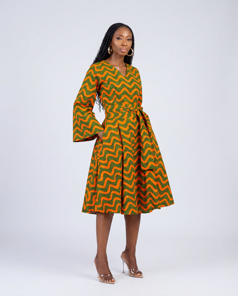 Mina Flared sleeve belted dress in a geometric print.
