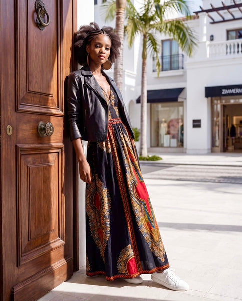 Black dashiki sleeveless maxi dress with double straps.