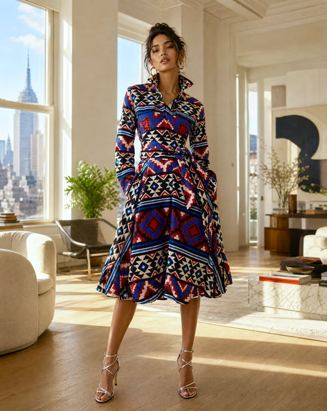 LARI full skirt shirt dress in a geometric print.