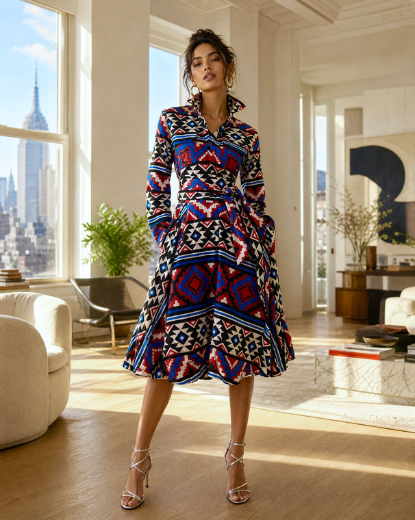 LARI full skirt shirt dress in a geometric print.