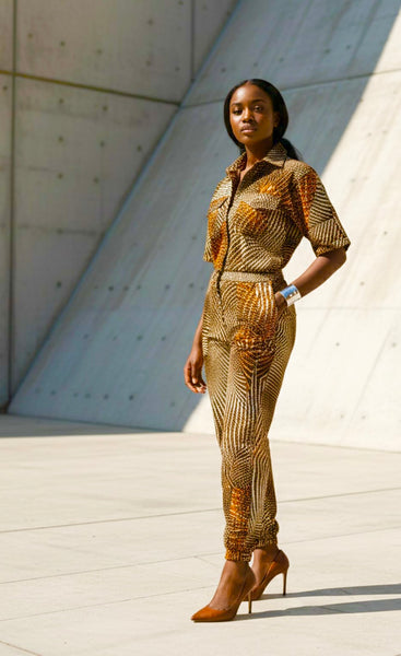 Razi jumpsuit in a geometric contemporary African print.