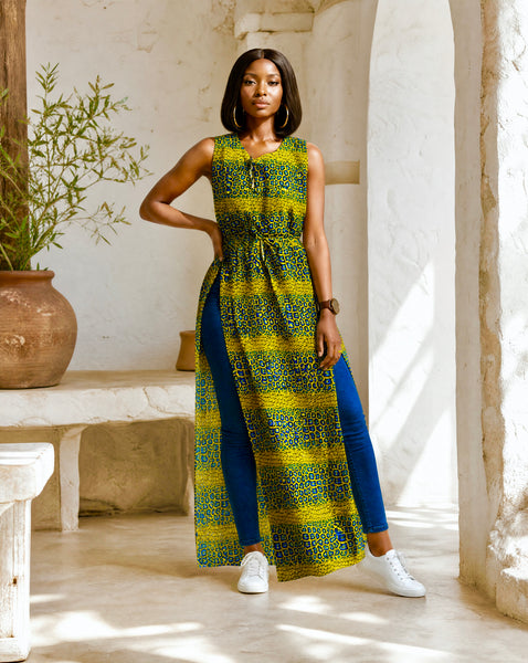 AFIA long top in a yellow African print.