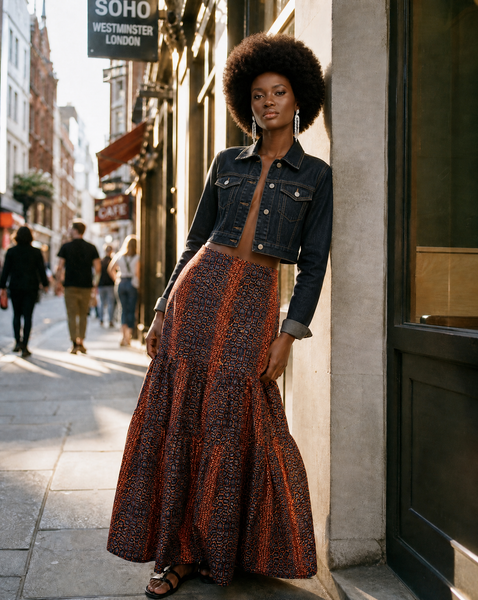Fit and flare mermaid inspired maxi skirt in a vintage African print.