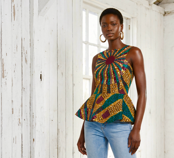 WUNAM peplum Ankara top in Green and burgundy