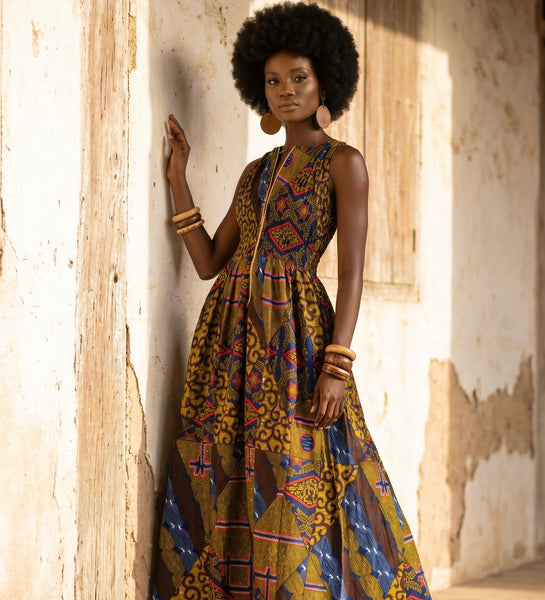 Lola African print patchwork summer sleeveless maxi dress in earthy hues.