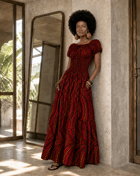 Afro Bohemian peasant inspired African print maxi dress.