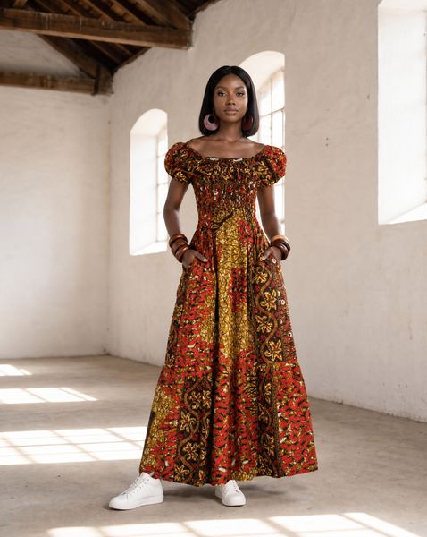 Afro Bohemian peasant inspired African print maxi dress.