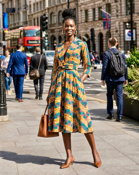 Kayla 50’s shirt style dress in a contemporary geometric African print.