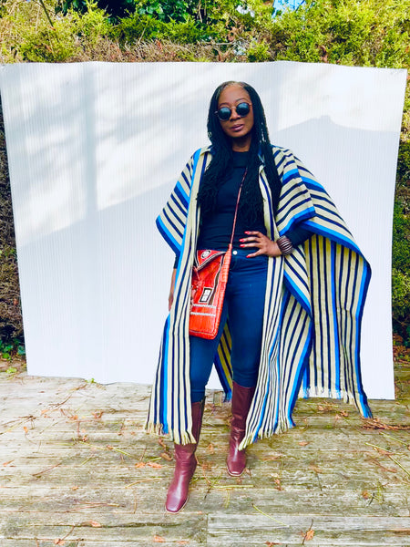 Yelawa handwoven unisex kimono in blue and beige stripes.