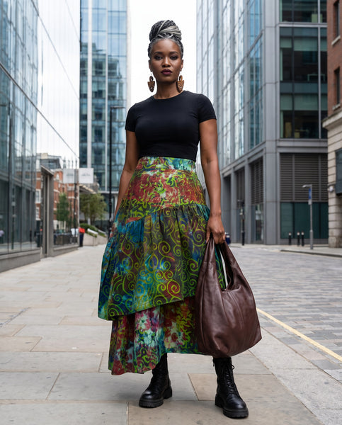 Azichi tiered skirt in a hand dyed fabric in a multicoloured palette.