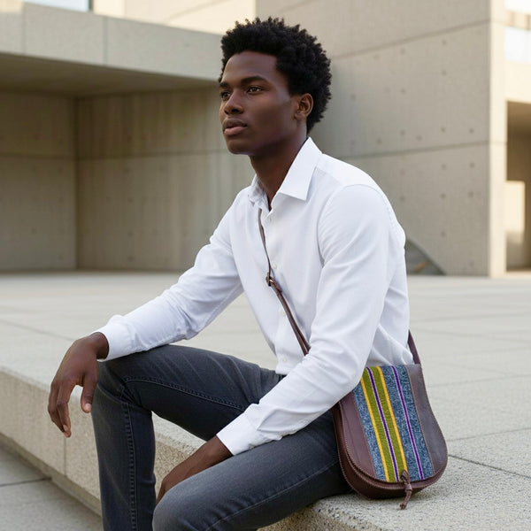 Authentic Ghanaian Leather bag with handwoven fugu fabric