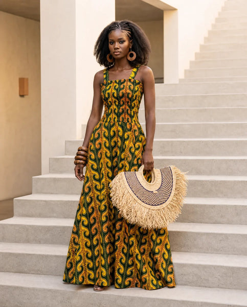 Adina smocked fit and flare maxi dress.